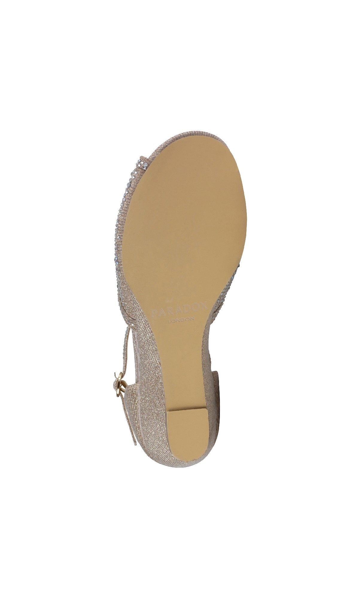 The Janelle Champagne Prom Shoes by Paradox London (P2209) feature a beige open-toe heel with a smooth sole and glittery upper—ideal for adding shimmer to your prom look.